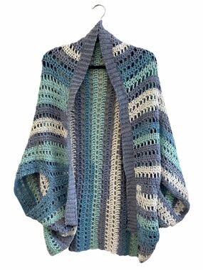 LD Yarn Creations Hand Crochet Aqua Periwinkle Striped Shrug Cardigan – OS New